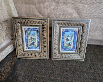 A pair of vintage Persian hand painted picture of hunting scene paintings with Khatam Mosaic frames