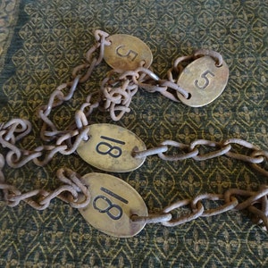 Victorian pleasure boat chains and brass numbers from rowing boats moored at Durham city, River Wear