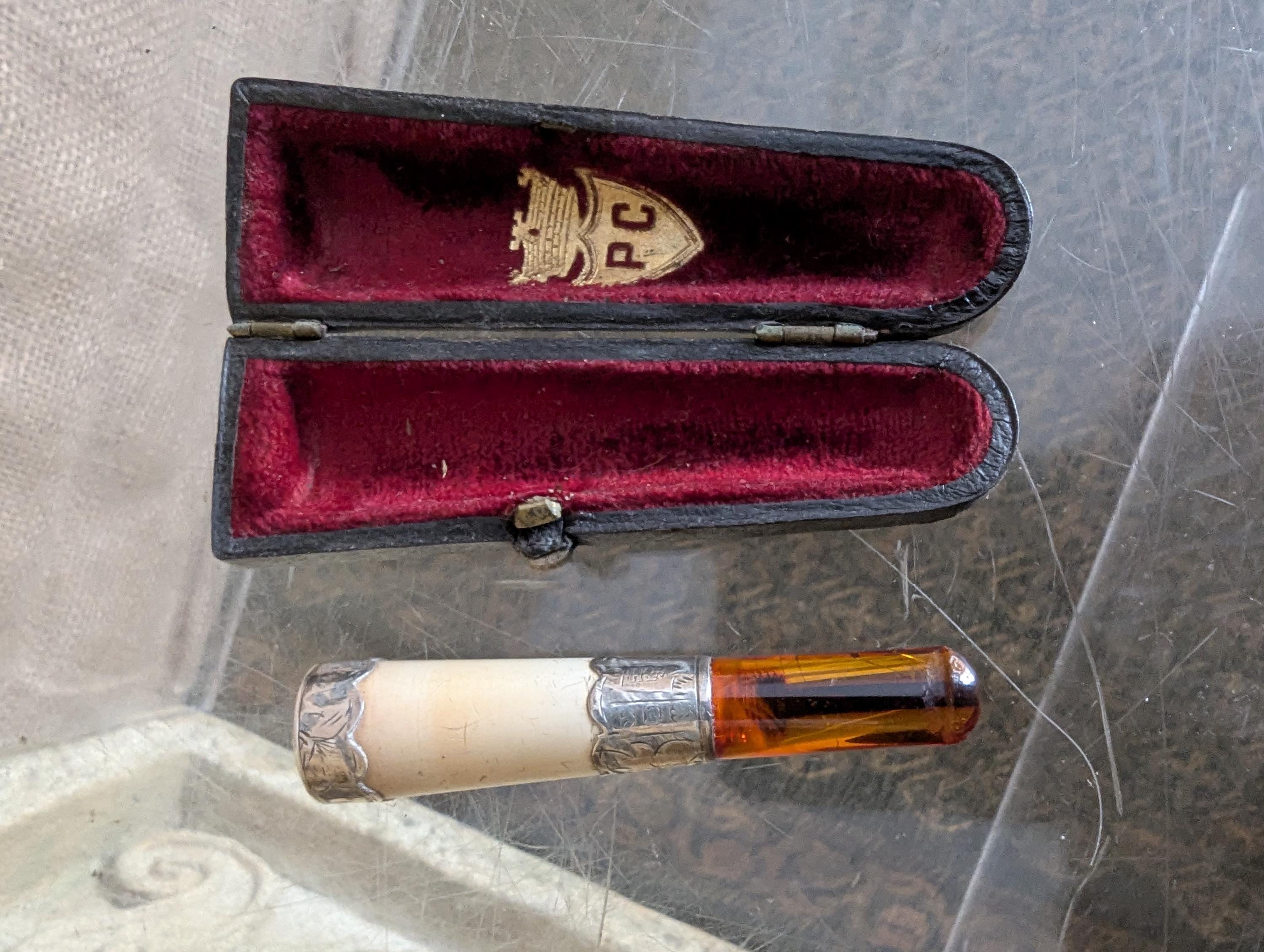 antique amber cigarette holder Meerschaum Cigar in Original Case Vintage Amber Cigarette Mouthpiece, Ottoman