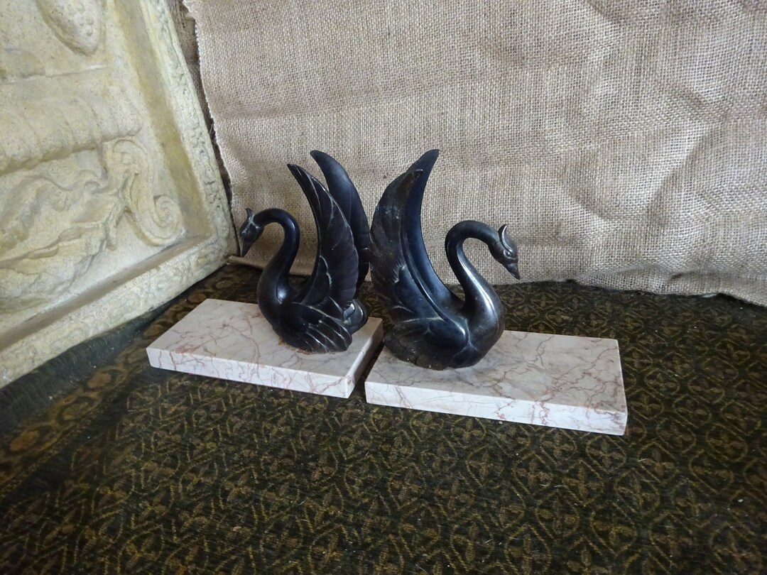 Art Deco Swan Bookends With Marble Base Etsy UK
