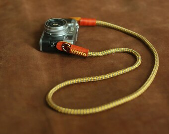 Gray yellow climbing rope 8mm brown leather handmade camera neck shoulder strap | windmup
