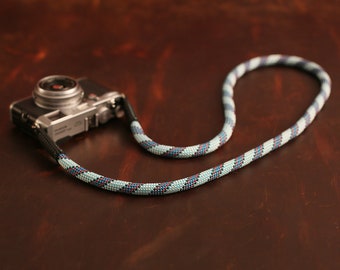 Cool blue pattern climbing rope black leather handmade Camera neck shoulder strap | Windmup