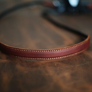 May include: A brown leather camera strap with white stitching.
