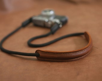 Shoulder pad brown leather black 8mm climbing rope handmade camera neck strap