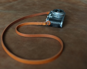 Handmade Brown Leather Camera Strap – 10mm Wide, Stitched Loop Attachment for DSLR, Mirrorless & Film