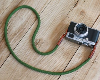 Brown Leather Green Climbing rope 10mm handmade Camera neck shoulder strap | Windmup