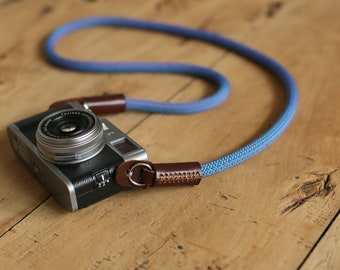 COOL blue Climbing rope 10mm Tan leather handmade Camera neck shoulder strap | Windmup