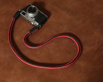 Windmup Handmade weave red and blcak rope climbing rope with balck leather Camera neck shoulder Strap