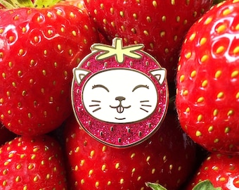 Cat enamel pin, enamel pin, lapel pin, strawberry enamel pin, cat gifts, cat brooch, cute enamel pins, white cat pin, cat pin, cats
