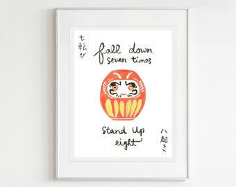 Daruma Print with Motivational Quote of Perseverance 8x10 Wall Art Print Fall Down Seven Times Stand Up Eight