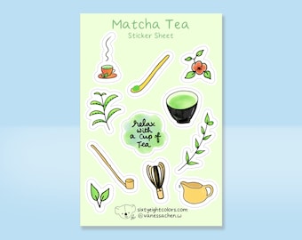Matcha Tea Sticker Sheet, Cute Sticker Sheet, Tea Sticker Sheet, Kawaii Tea Stickers, Japanese Sticker Set, Weather Resistant