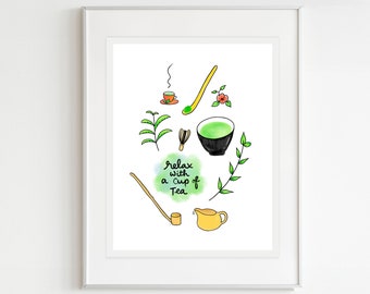 Relax With Tea Art Print, Tea Love Art Print, Matcha Love 8x10 Print, Wall Decor