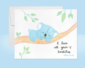 Valentine's Day Card, Cute Koala Card, Koala Love Card, Koala Anniversary Card, Handpainted