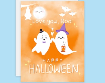 Glad Halloween, älskar dig Boo-kort, sött spökpar-Halloween-kort