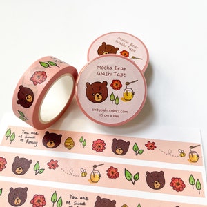 Kawaii Bear Washi Tape, Brown Bear, Flowers and Honey for Scrapbooking and Journaling