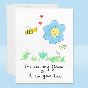 Cartão bonito do amor da flor e da abelha, cartão pintado à mão do design