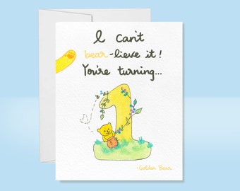 Cute 1st Birthday Card, Turning 1 Card, Watercolor Baby Turning One Card