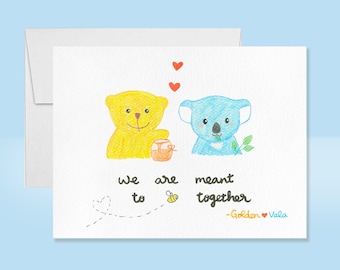 Cute Valentine's Day Card, Anniversary Card, Missing You Card, Handpainted Card