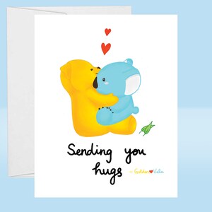 Enviando-lhe cartão de abraços, lindo urso dourado e coala azul, cartão pensando em você