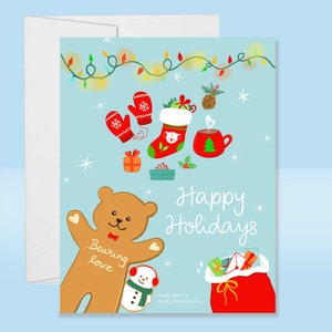 May include: A Christmas card featuring a gingerbread bear with the text "Bearing love" and a snowman. The card has a blue background with a string of lights, snowflakes, and other Christmas decorations. The text "Happy Holidays" is written in white.