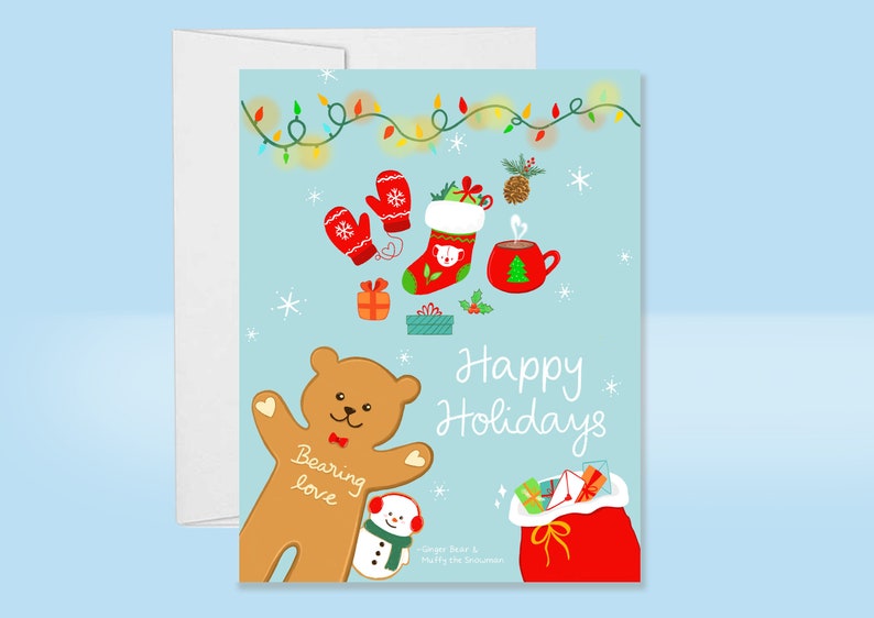 May include: A Christmas card featuring a gingerbread bear with the text "Bearing love" and a snowman. The card has a blue background with a string of lights, snowflakes, and other Christmas decorations. The text "Happy Holidays" is written in white.