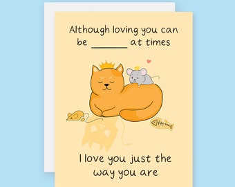 Tarjeta divertida de "Te amo" con un gato: personalizable para rellenar los espacios en blanco