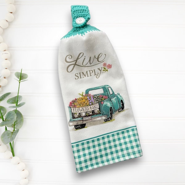 Live Simply Hanging Kitchen Hand Towels With Crochet Topper, Farmhouse Crochet Top Kitchen Dish Towels With Hanging Loop, Double Thick Towel