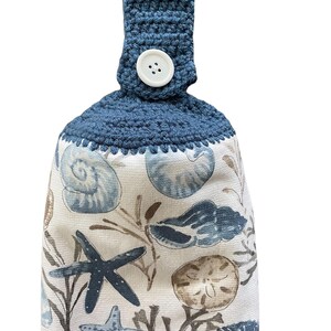 Seashell Crochet Top Kitchen Dish Towel, Coastal Blue with Hanging Loop image 4