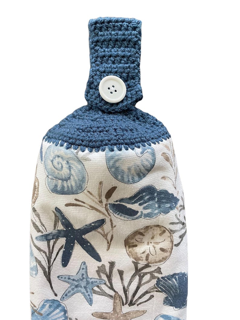 Seashell Crochet Top Kitchen Dish Towel, Coastal Blue with Hanging Loop image 4
