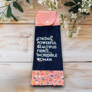 Pink Floral Kitchen Tea Towel: Embroidered Women&#39;s Empowerment Gift
