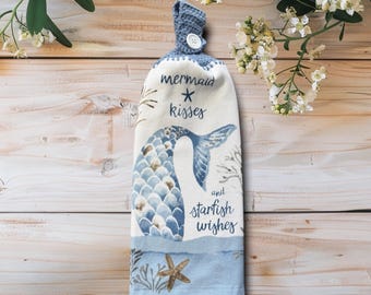 Mermaid Kisses Hanging Kitchen Hand Towel with Starfish Wishes Design