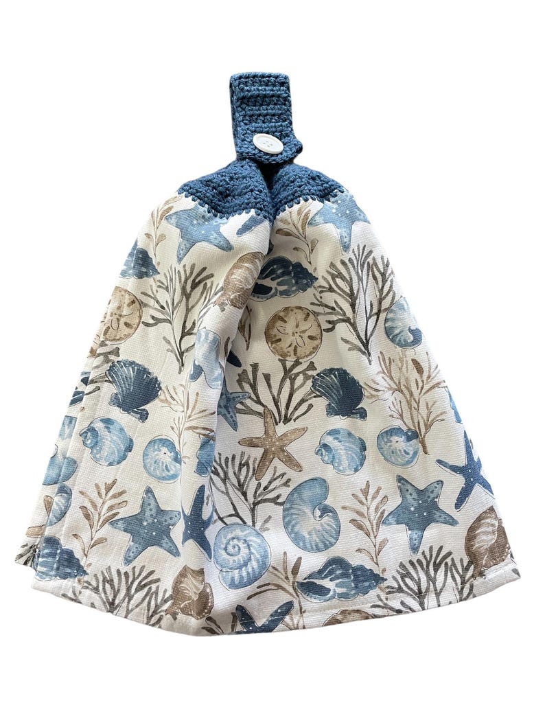 Seashell Crochet Top Kitchen Dish Towel, Coastal Blue with Hanging Loop image 6