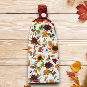 Sunflower Crochet Top Kitchen Hand Towels, Fall Oven Door Towel, Hanging Kitchen Dish Towels With Button,
