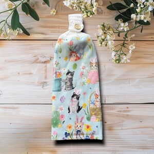 Easter Cats Kitchen Hand Towel with Crochet Top, Floral Design