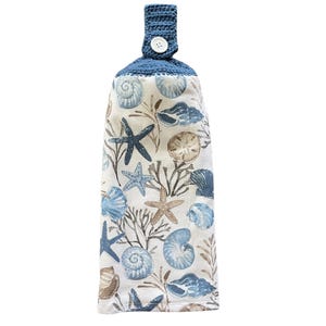 Seashell Crochet Top Kitchen Dish Towel, Coastal Blue with Hanging Loop image 2