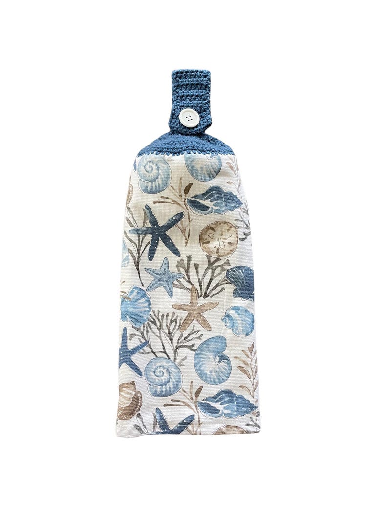 Seashell Crochet Top Kitchen Dish Towel, Coastal Blue with Hanging Loop image 2