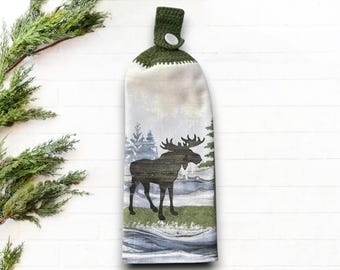 Ręcznik kuchenny wiszący Moose, dwustronny bawełniany z szydełkową górą, 18 cali