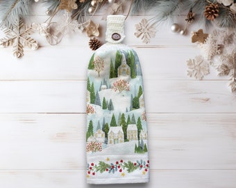 Hangende keukenhanddoek kerstdorp met gehaakt topje