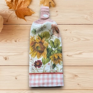 Fall Hanging Kitchen Towel With Crochet Top, Dish Towel With Fall Foliage, Sunflower Print Oven Door Towel