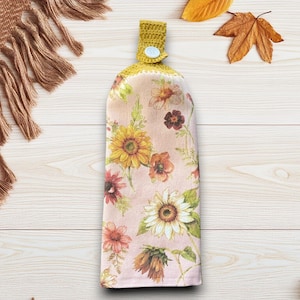 Fall Hanging Kitchen Hand Towel With Crochet Top, Dish Towel With Fall Foliage, Sunflower Print Oven Door Towel