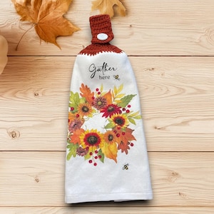 Fall Sunflower Wreath Kitchen Towel, Autumn Market Hanging Towel, Decorative Dish Towel, Kitchen Hand Towel