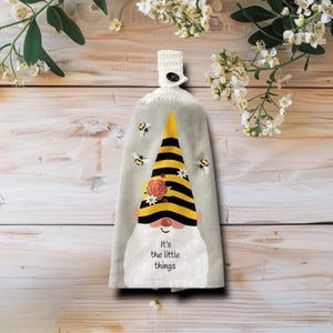 Gnome Hanging Kitchen Hand Towel, Gray Hand Towel, Crochet Dish Towel, Double Sided Oven Door Towel With Button Loop