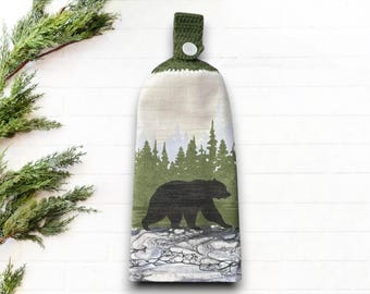 Toalla de cocina colgante con diseño de oso y parte superior de ganchillo, paños de cocina de doble cara.