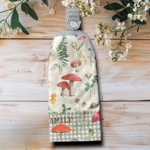 Toalla de cocina con decoración de hongos / Toallas de mano con estampado floral Cottagecore con trabilla para botón / Algodón absorbente