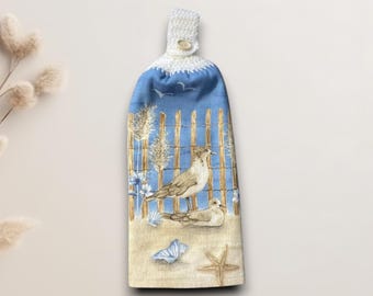 Coastal Kitchen Hand Towel with Crochet Top, Pelican Decor
