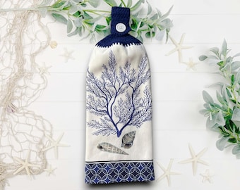 Coastal Kitchen Hanging Hand Towel: Blue Crochet Top, Sea Shells