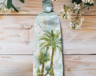 Hanging Kitchen Hand Towel with Tropical Palm Tree Design, Crochet Top