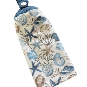Seashell Crochet Top Kitchen Dish Towel, Coastal Blue with Hanging Loop image 10