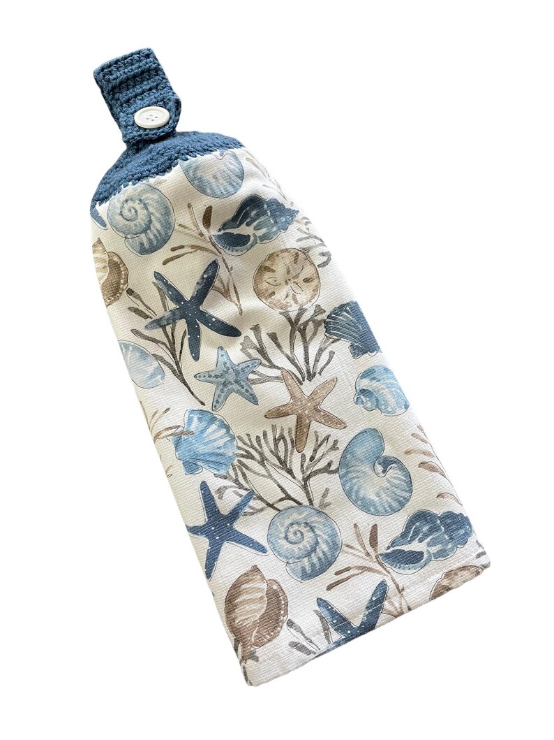 Seashell Crochet Top Kitchen Dish Towel, Coastal Blue with Hanging Loop image 10