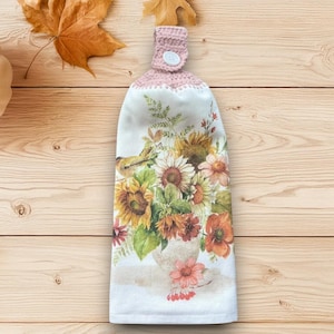Crocheted Top Sunflower Hanging Kitchen Towels, Fall Decor Dish Towel with Button Loop, Autumn Floral Hand Towel for Kitchen or Gift